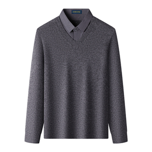 【假两件】罗蒙100%纯羊毛衫男V领秋冬季羊绒衫长袖T恤衬衫领毛衣