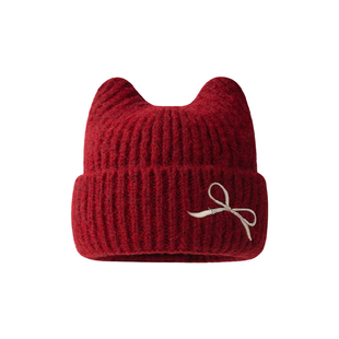 猫耳朵帽子女针织帽大头围韩系加厚保暖毛线帽防寒护耳冷帽显脸小