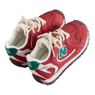 女童运动鞋红色N字鞋2025秋冬新款中大童潮牌加绒老爹鞋男童鞋子