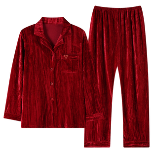 猫人情侣睡衣女秋冬季金丝绒女红色结婚新婚春秋男长袖家居服