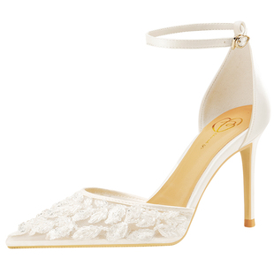 monobabie婚鞋小众高级感包头凉鞋女夏季一字带网纱高跟新娘鞋