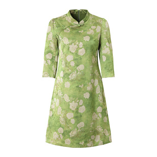 海青蓝 中式连衣裙2025年秋季中袖高级感女装度假时尚气质裙子