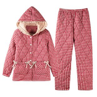 乌拉拉公主加厚纯棉家居服女冬季款25年新款格子梭织三层夹棉睡衣