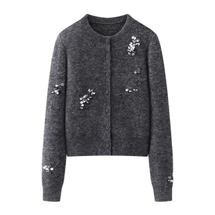 艾诺丝国内代购2025冬季新款时尚亮片钉珠羊毛针织衫开衫女184113