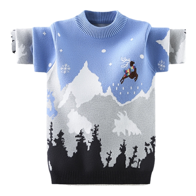 男童毛衣小鹿加绒加厚拼色2025新款中大童针织衫秋冬韩版纯棉打底