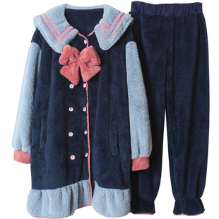 日系海军风秋冬女珊瑚绒长款睡衣可爱兔子耳朵大码宽松家居服套装