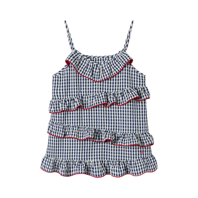 WhyBerry 25SS“小岛假日”复古撞色A字吊带木耳花边上衣