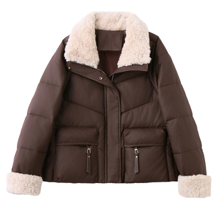 羊羔毛领PU皮棉服女短款2025冬季新款宽松保暖石墨烯云绒棉袄外套