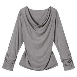 PSO Brand女装复古一字肩荡领收腰灰色露肩长袖T恤休闲挂脖上衣