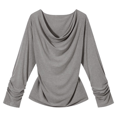 PSO Brand女装复古一字肩荡领收腰灰色露肩长袖T恤休闲挂脖上衣