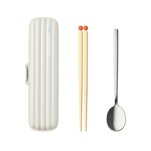 双枪奶油色学生儿童便携筷餐具不锈钢筷子勺子套装一人用收纳盒