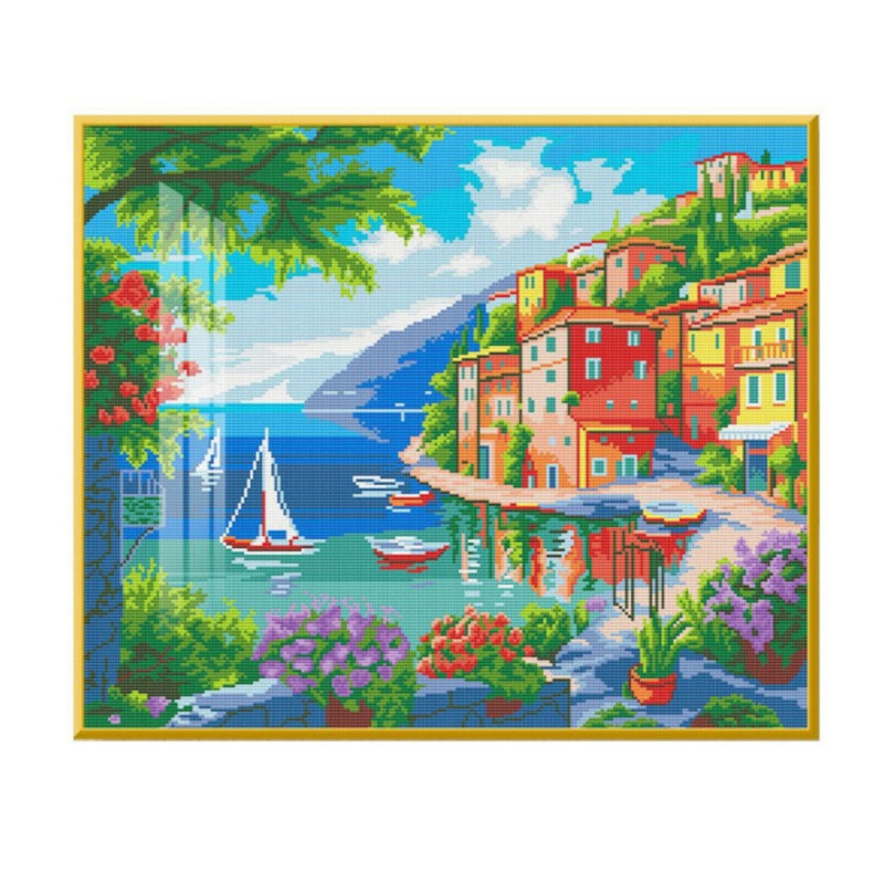 浪漫海边水边彩屋十字绣油画风景