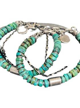 蓝绿色绿松石氧化纯银串珠手链