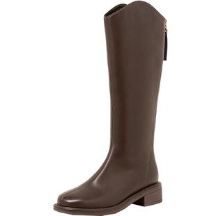 康莉加绒厚底骑士靴女冬季新款不过膝圆头高筒粗跟显瘦V口长靴子