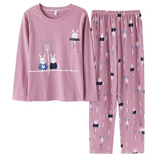 睡衣女春秋季纯棉长袖休闲家居服韩版清新大码全棉秋冬可外穿套装