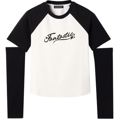 太平鸟女装秋季插肩袖针织衫可拆卸袖套女T恤A1CNE3612