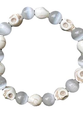 骷髅美式朋克风白猫眼石手串手链