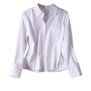 文艺松驰~通勤清爽衬肤粉白条纹合体版型显瘦长袖翻领衬衫上衣女