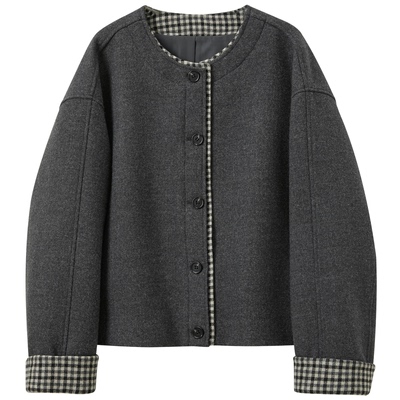 三彩2025冬季新款宽松短款呢大衣毛呢外套休闲圆领复古简约M