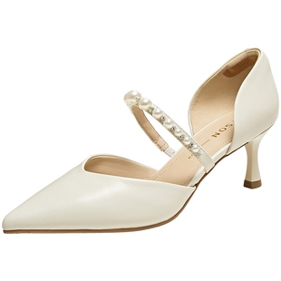 百田森包头高跟凉鞋女新款法式凉鞋不露脚趾羊皮真皮夏凉单鞋