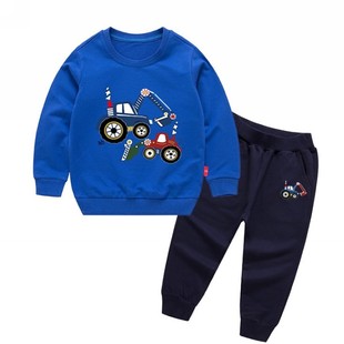 纯棉童装春秋新款男女童勾机挖掘机工程车推土机儿童卫衣卫裤套装