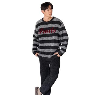 贝妍冬季保暖半边绒条纹情侣睡衣