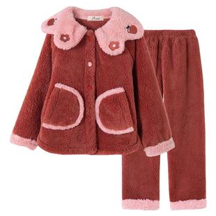 顶呱呱儿童家居服套装女长毛绒娃娃领加厚珊瑚绒保暖睡衣法兰绒冬