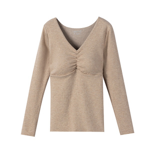 V领加厚加绒蚕丝保暖内衣女自带胸垫一体打底衫免穿文胸棉冬上衣