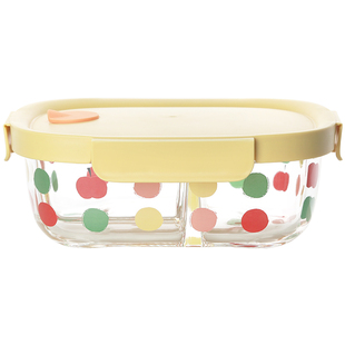 蓝莲花玻璃饭盒高硼硅小容量可微波炉加热带盖轻便碗波点分格餐盒