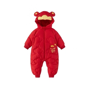 品牌婴儿连体衣羽绒服拜年服新年男女童2025新款冬装宝宝外穿爬服