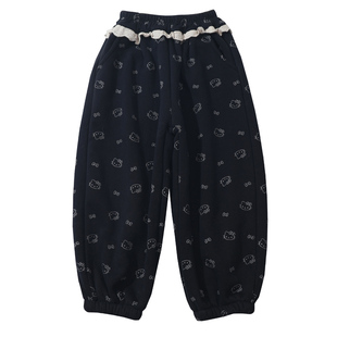 女童满版卡通加绒裤子花边小女孩可爱运动裤甜美加厚冬装宝宝长裤