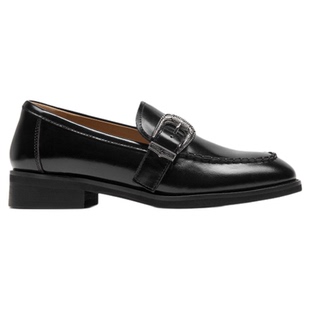 BeauToday厚底乐福鞋女款春季真皮英伦风小皮鞋魔术贴黑色单鞋