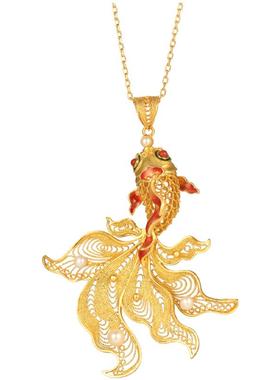 非遗花丝珐琅锦鲤银鎏金珍珠项链