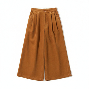 橘色日系复古灯芯绒阔腿裤女冬季新款高腰宽松显瘦加绒七分休闲裤