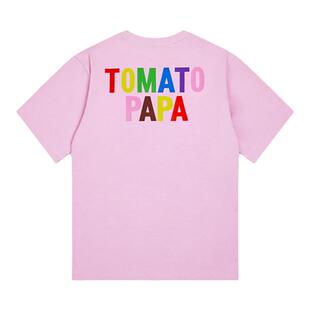 TOMATOPAPA夏日潮T恤彩虹字母烫画重磅棉高街潮流体恤衫青年上衣