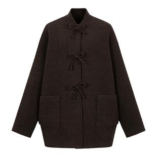 dorydory立领蝴蝶结宽松深棕色毛呢大衣短款秋冬高级感羊毛外套