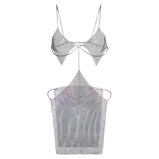 性感前缘夜店女dj外穿渔网百搭亮片吊带文胸拼接开叉超短连衣裙女