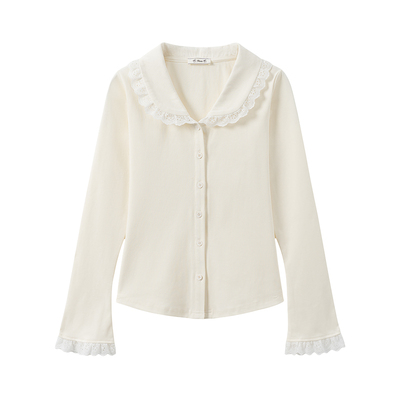 蕾丝娃娃领杏色内搭长袖女喇叭袖