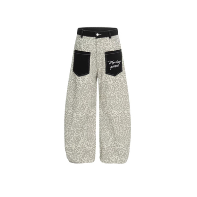 BKID美式复古豹纹贴布口袋牛仔裤男女宽松街头阔腿弯刀休闲裤长裤