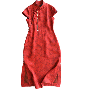 云澍原创花罗香云纱短袖立领喜妈妈改良旗袍裙夏季红色婚宴连衣裙