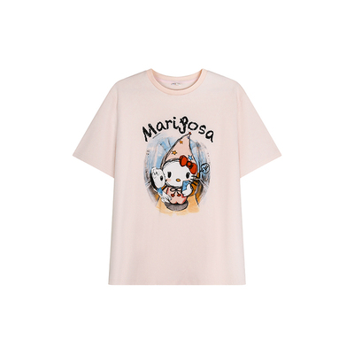 安妮不火软萌甜妹风手绘kitty印花T恤女微胖大码宽松收腰短袖上衣