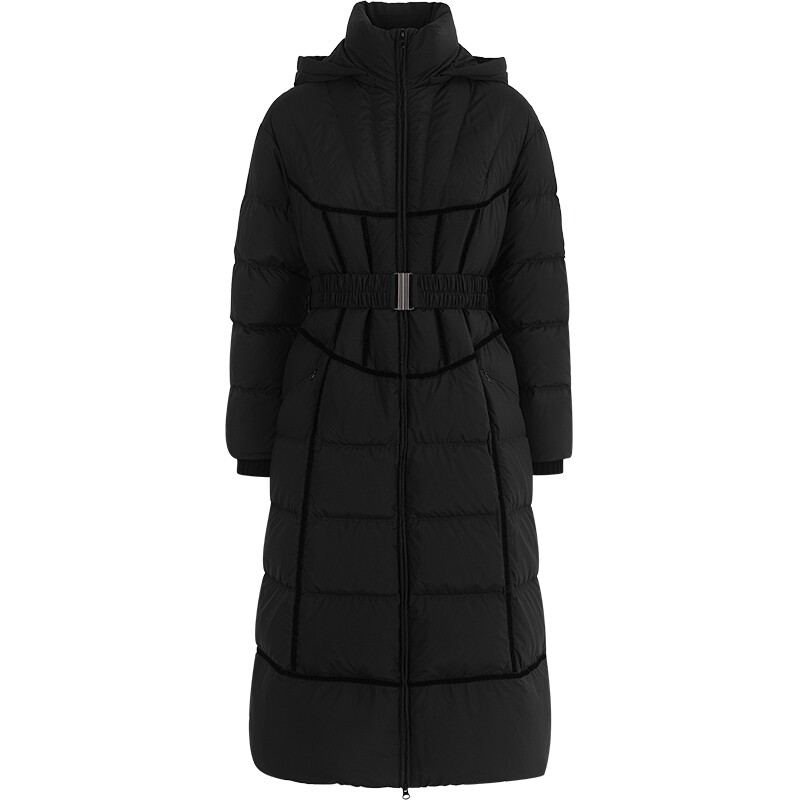 黑色连帽A字版型长款羽绒服