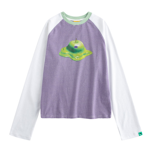 riverstone plus水果印花插肩袖长袖T恤女秋季撞色条纹打底衫上衣