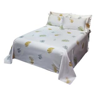 高密度全棉白色贡缎床单单件纯棉龟背竹叶子黄蓝绿色被单酒店民宿