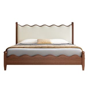 中古风涟漪床主卧白蜡木实木床1米8双人床简约薄床头真皮储物婚床