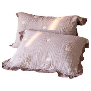 白玫瑰紫色花边枕巾韩式2024新款纯棉一对装加大防头油全棉高档