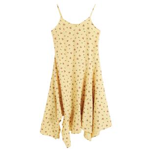 弥古黄色碎花连衣裙高级感不规则吊带裙女夏季设计感海边度假裙子