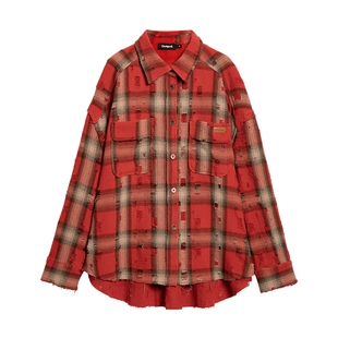 Desigual格纹烂花破洞设计红色女士衬衫