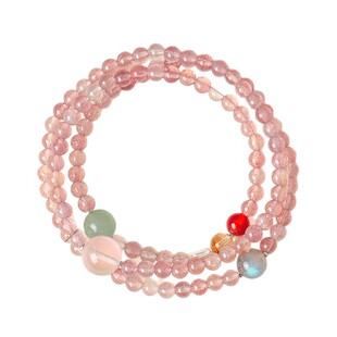|粉色浪漫|新中式天然三圈草莓晶手链女红玛瑙月光石水晶叠戴手串