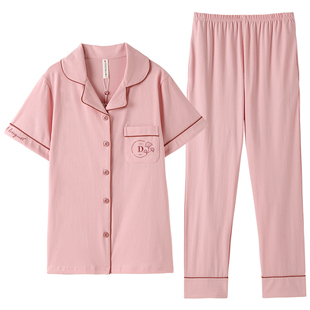 芬腾睡衣女夏季纯棉短袖长裤家居服夏天薄款全棉开衫大码两件套装